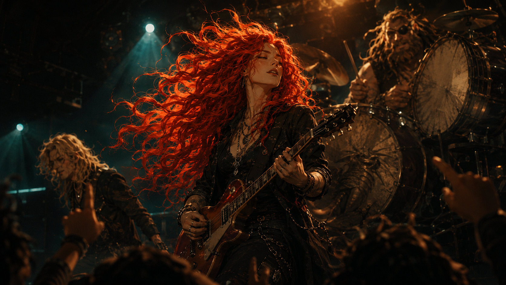 Mosspit's red-haired guitarist playing under the stage lights