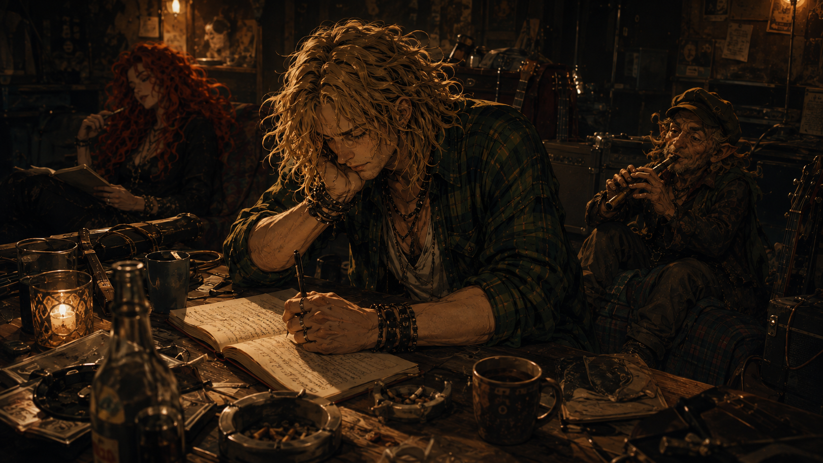 A Mosspit writing session around a table scattered with notebooks and mugs