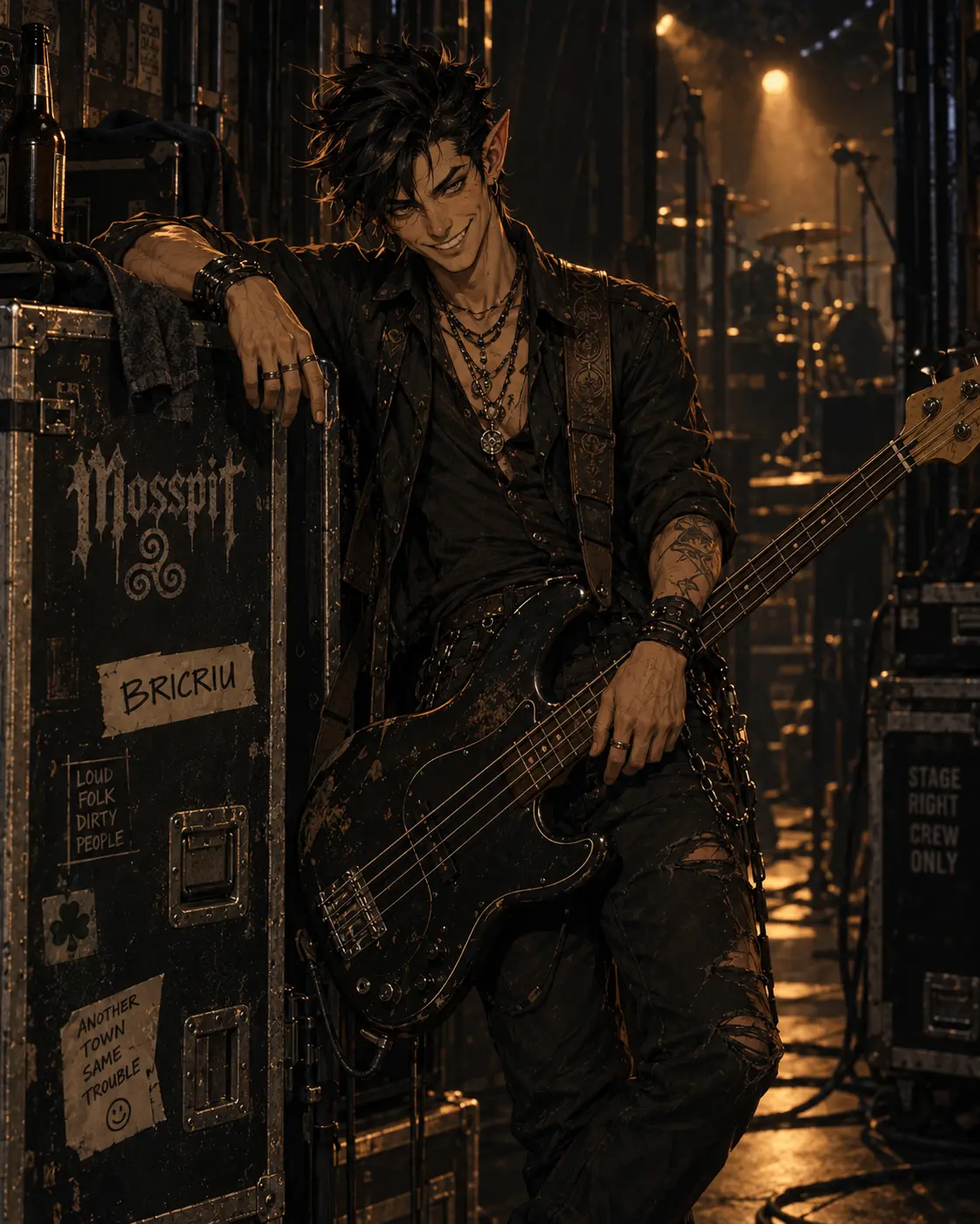 Bricriu leaning against a Mosspit flight case backstage with his bass