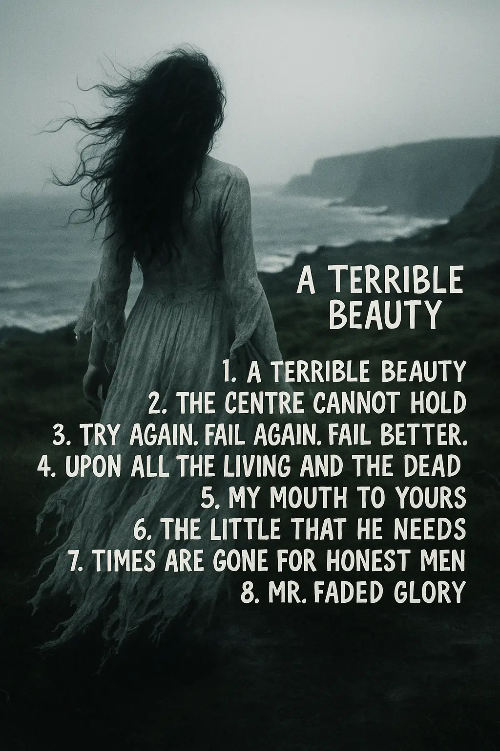 A Terrible Beauty back cover — track list over a misty coastal scene