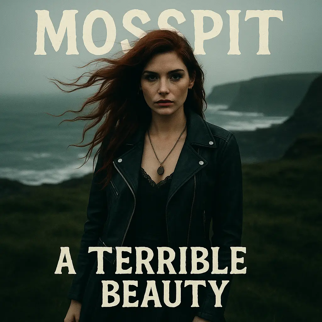 A Terrible Beauty front cover — a red-haired woman in a leather jacket on a rugged coastline