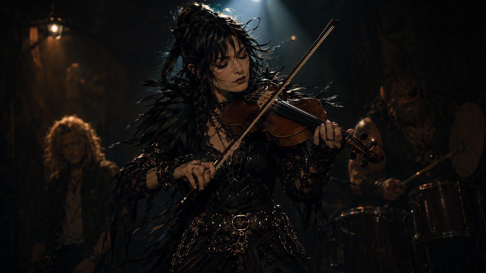Mosspit's fiddle player performing with fierce concentration