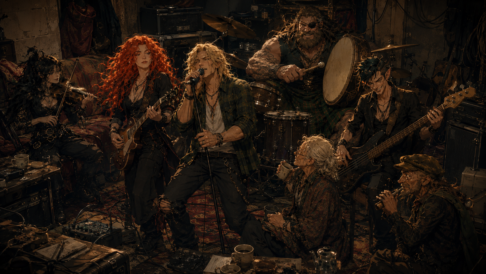Mosspit rehearsing together in a cluttered practice room