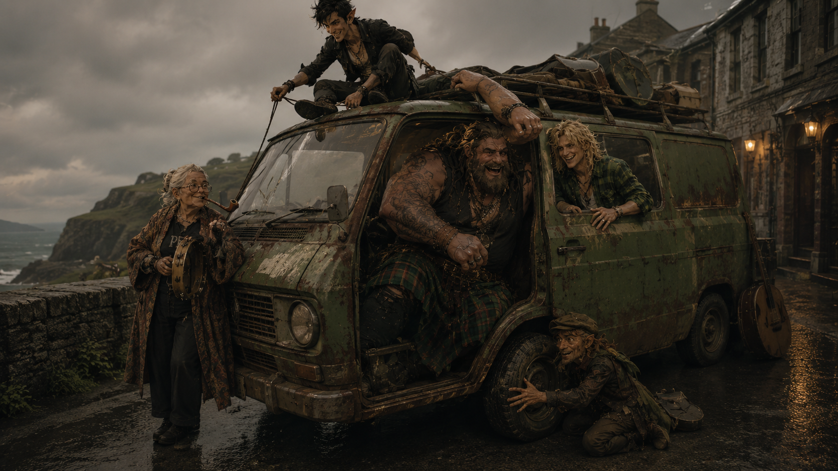 Mosspit crowding around their weathered touring van above the sea