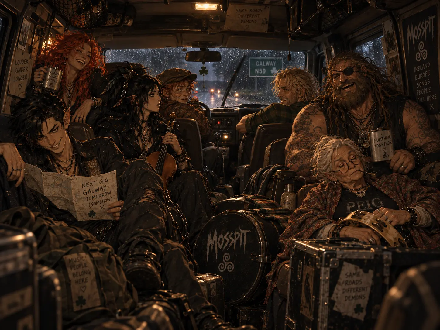 Mosspit crowded into the van on the rainy road to Galway