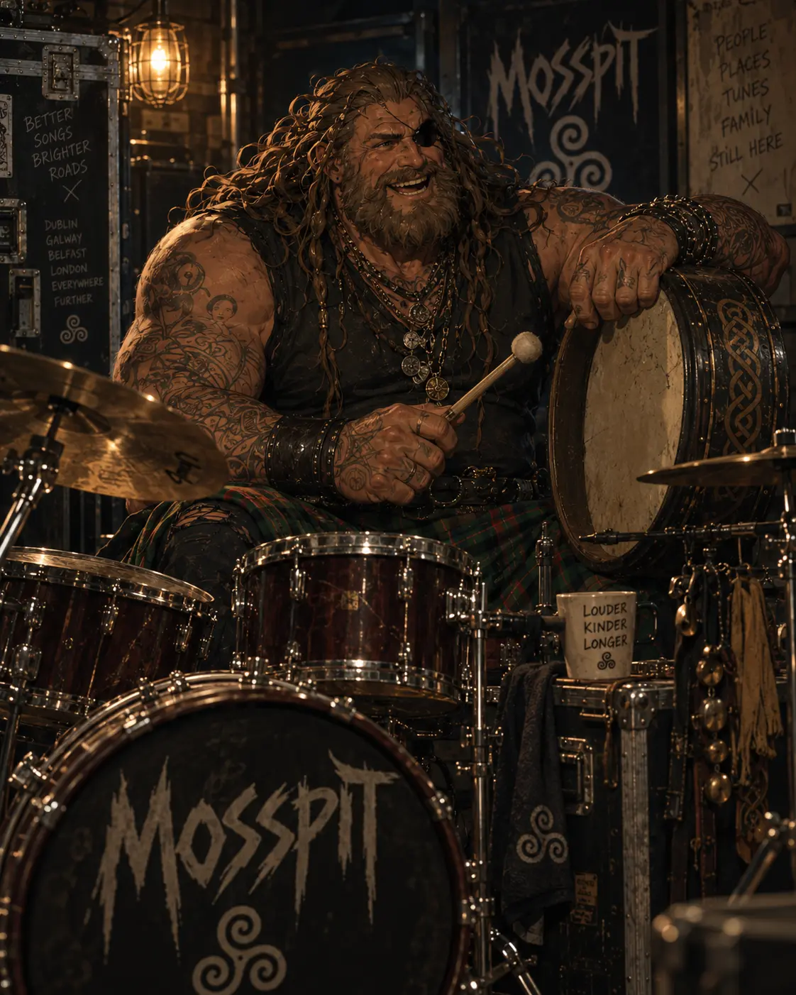 Balor behind the Mosspit kit in the drum room, bodhrán in one hand