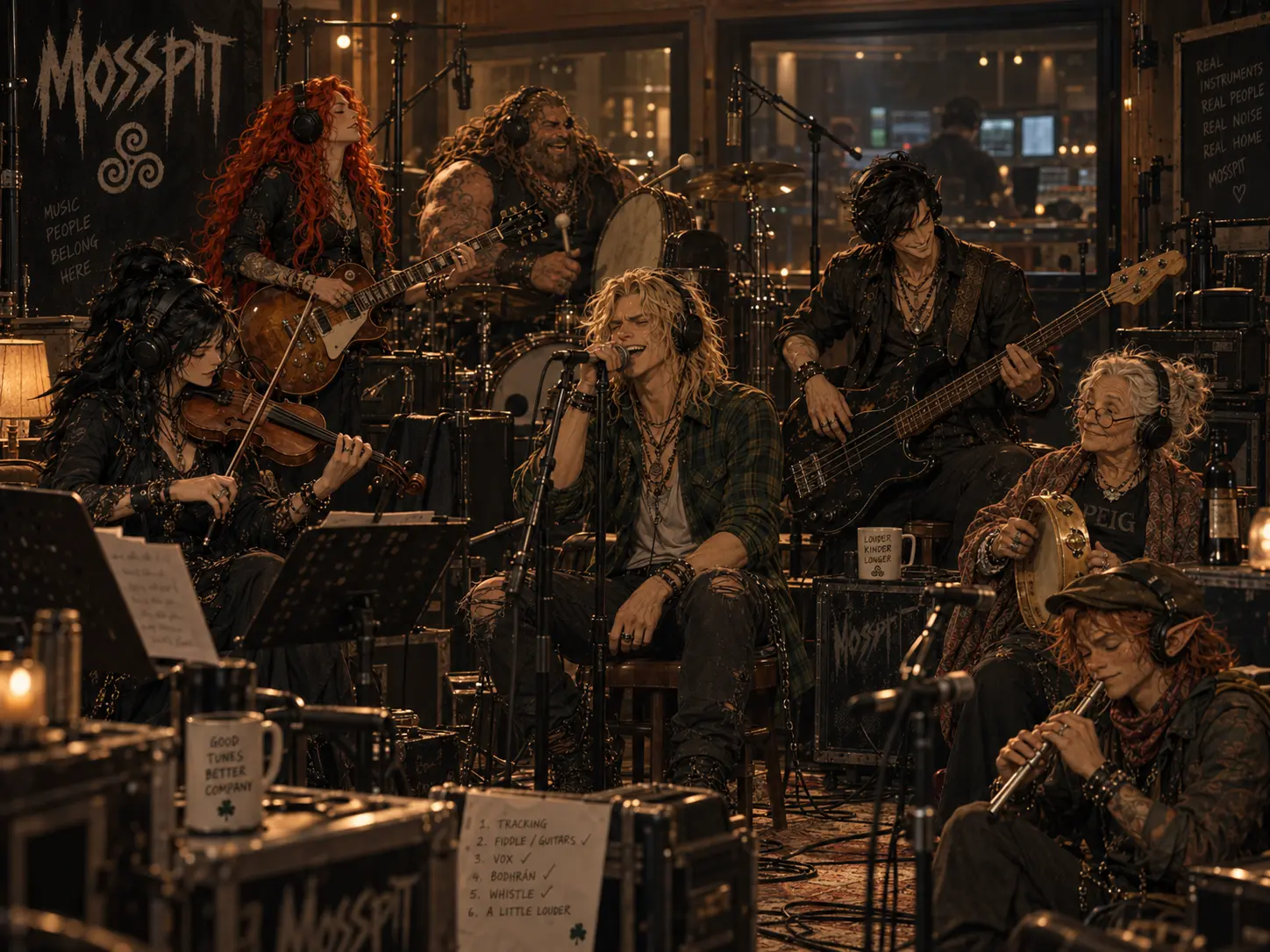 Mosspit tracking together in a live recording room, headphones on and instruments in hand