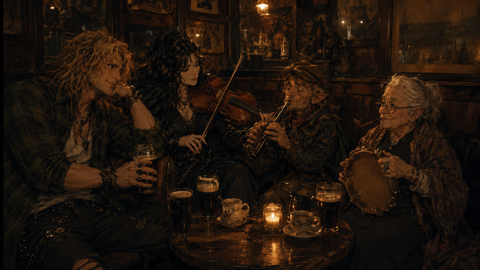 Mosspit sharing songs and drinks around a table in a dark Irish pub