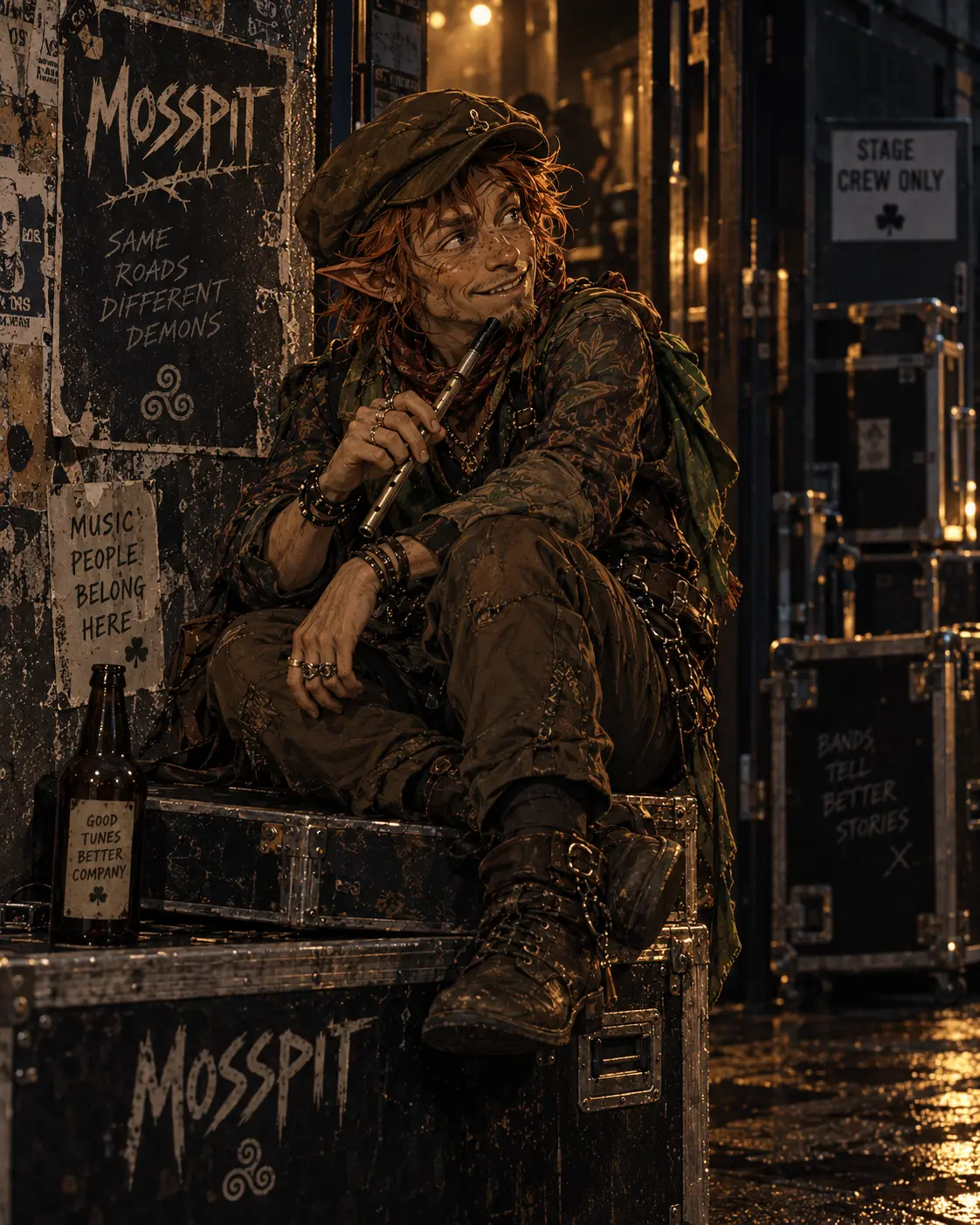 Puck sitting on a Mosspit flight case backstage with his tin whistle