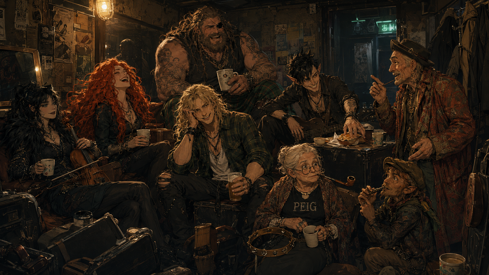 Mosspit and their travelling company gathered in a crowded backstage room