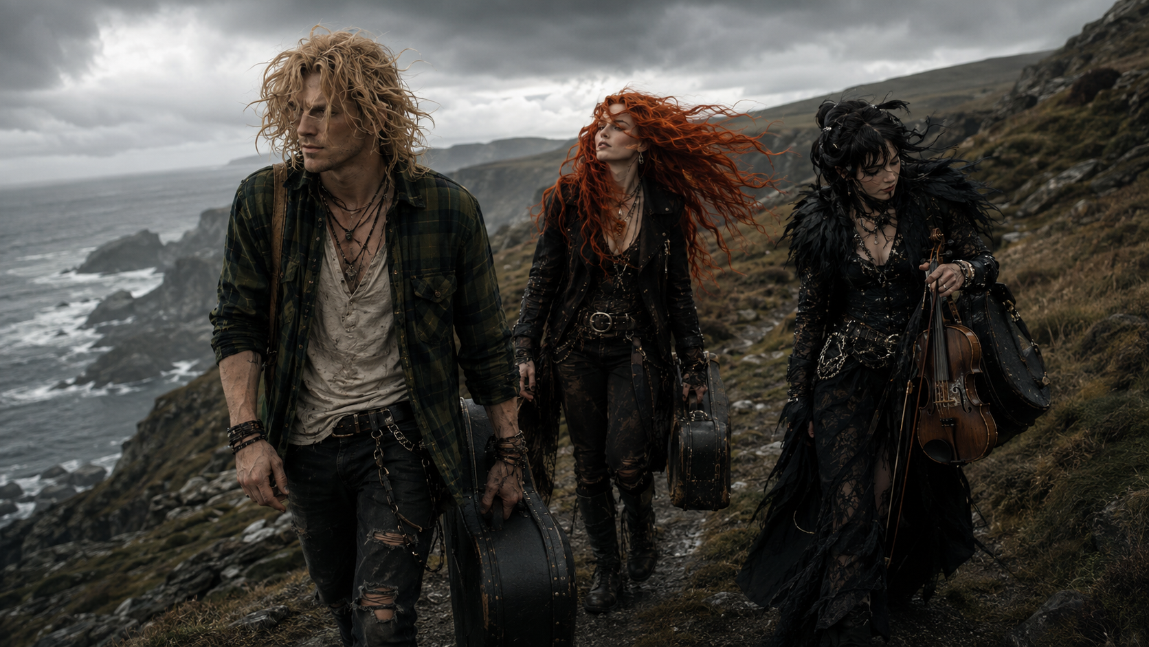 Three members of Mosspit walking an exposed Irish coastal path with their instruments